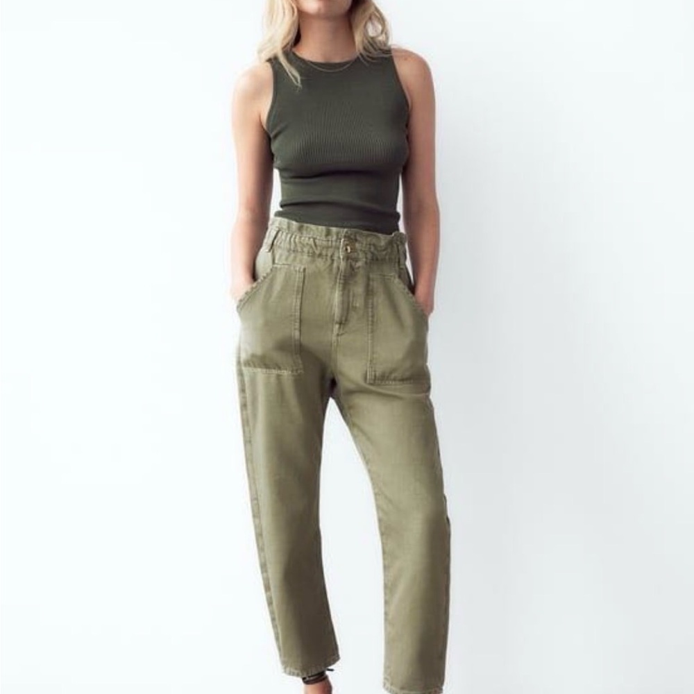 ZARA Olive Green High Rise Paperbag Baggy Cropped Jeans Size 2